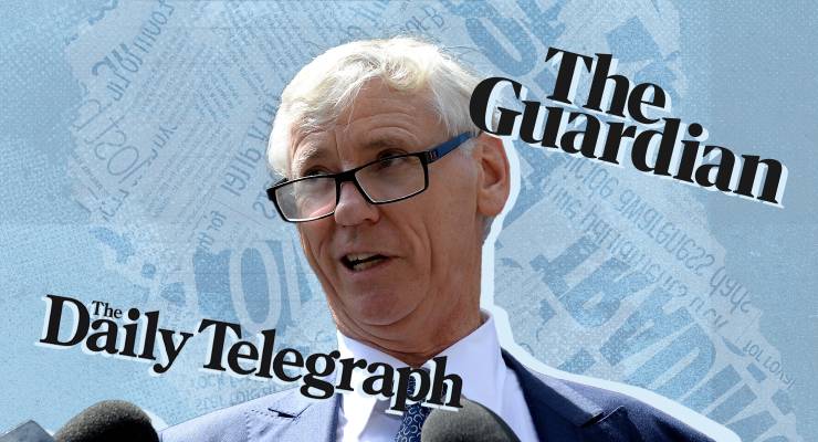Seven Network commercial director Bruce McWilliam, and logos for The Daily Telegraph and Guardian Australia (Images: AAP/The Daily Telegraph/Guardian Australia)