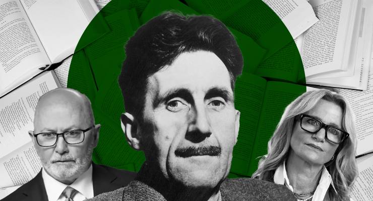 Chris Kenny, George Orwell and Janet Albrechtsen (Images: AAP/Alamy/Private Media)